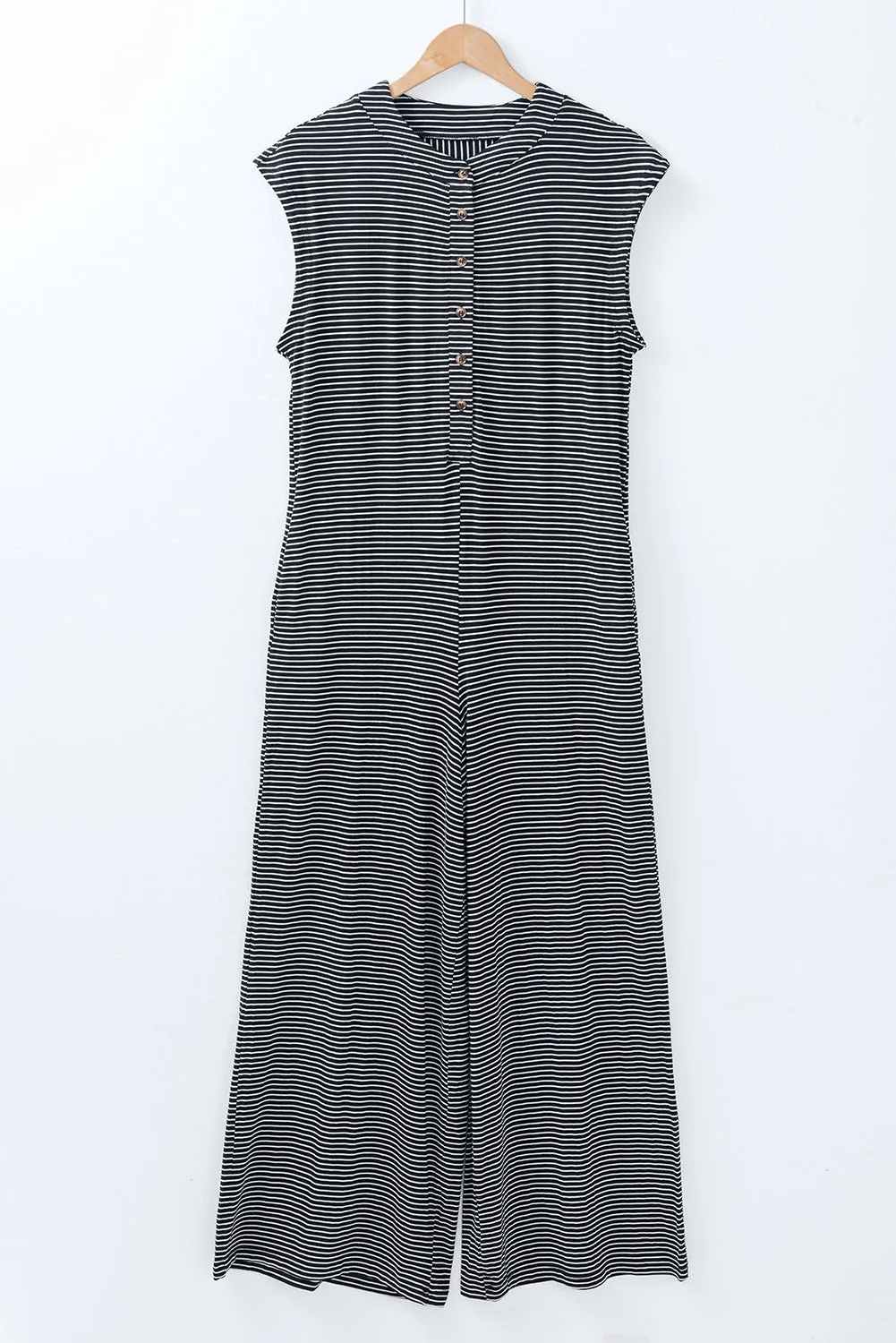 Black white Striped Print Buttoned Wide Leg Sleeveless Jumpsuit sold by Beagle Boutique product image thumbnail 4