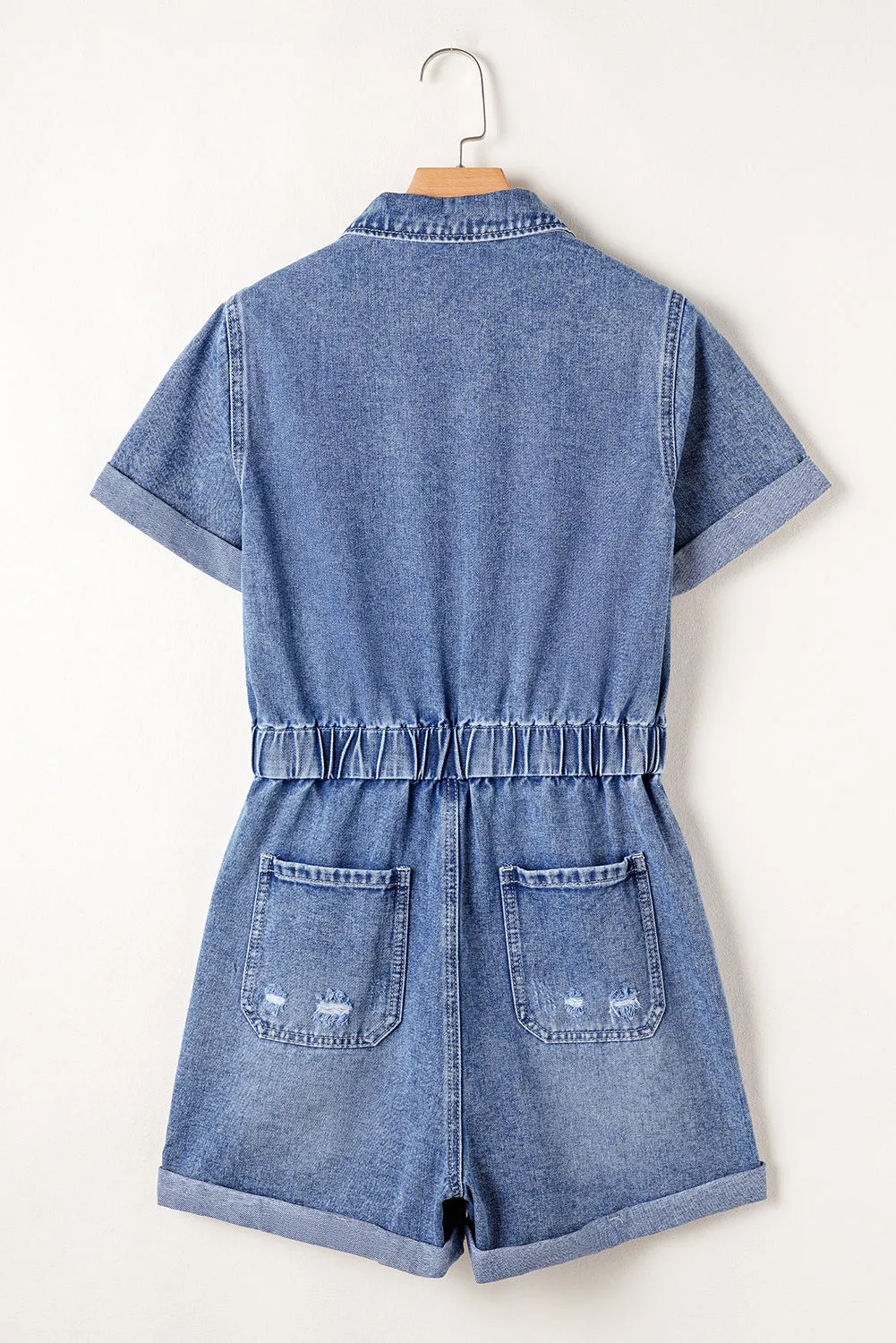 Dusk Blue Chest Pocket Front Buttoned Folded Edge Denim Short Sleeve Romper sold by Beagle Boutique product image thumbnail 5