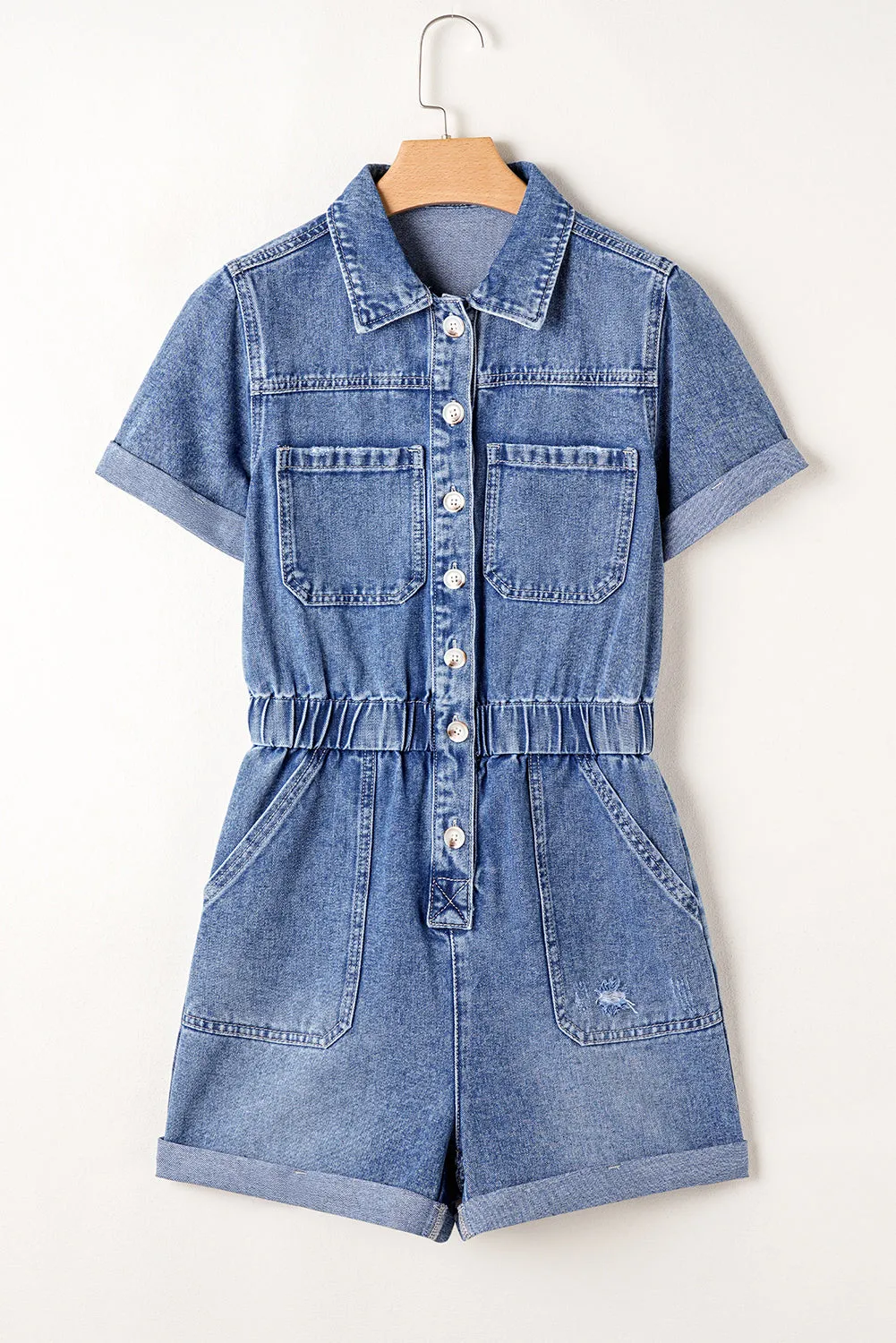 Dusk Blue Chest Pocket Front Buttoned Folded Edge Denim Short Sleeve Romper sold by Beagle Boutique product image thumbnail 4