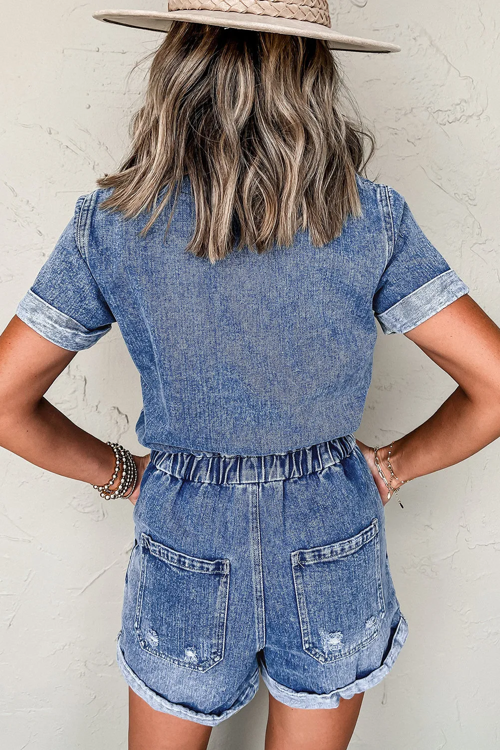 Dusk Blue Chest Pocket Front Buttoned Folded Edge Denim Short Sleeve Romper sold by Beagle Boutique product image thumbnail 2