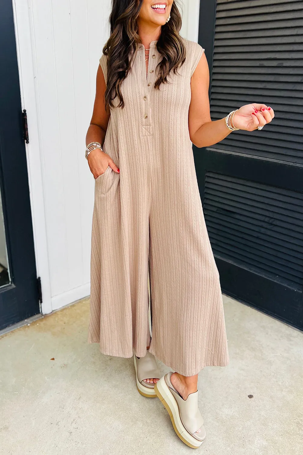 Smoke Grey Textured Buttoned Wide Leg Sleeveless Jumpsuit sold by Beagle Boutique
