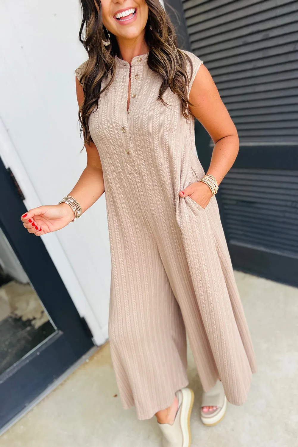 Smoke Grey Textured Buttoned Wide Leg Sleeveless Jumpsuit sold by Beagle Boutique product image thumbnail 2