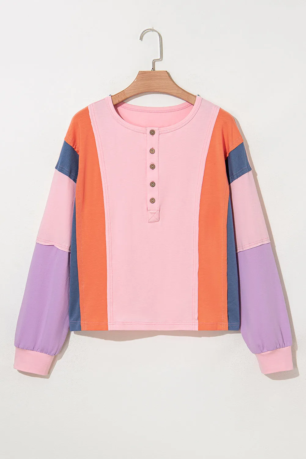 Pink Colourblock Long Sleeve Buttons Henley Top sold by Beagle Boutique product image thumbnail 4