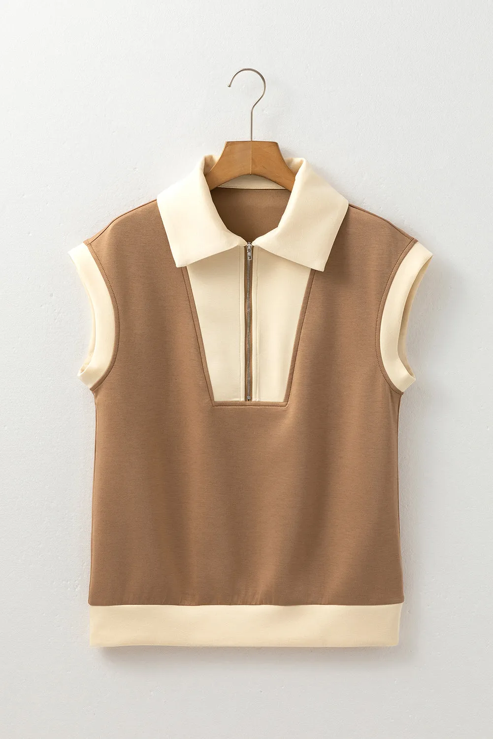 Simply Taupe Half Zipper Collared Colourblock Short Sleeve Top sold by Beagle Boutique product image thumbnail 3