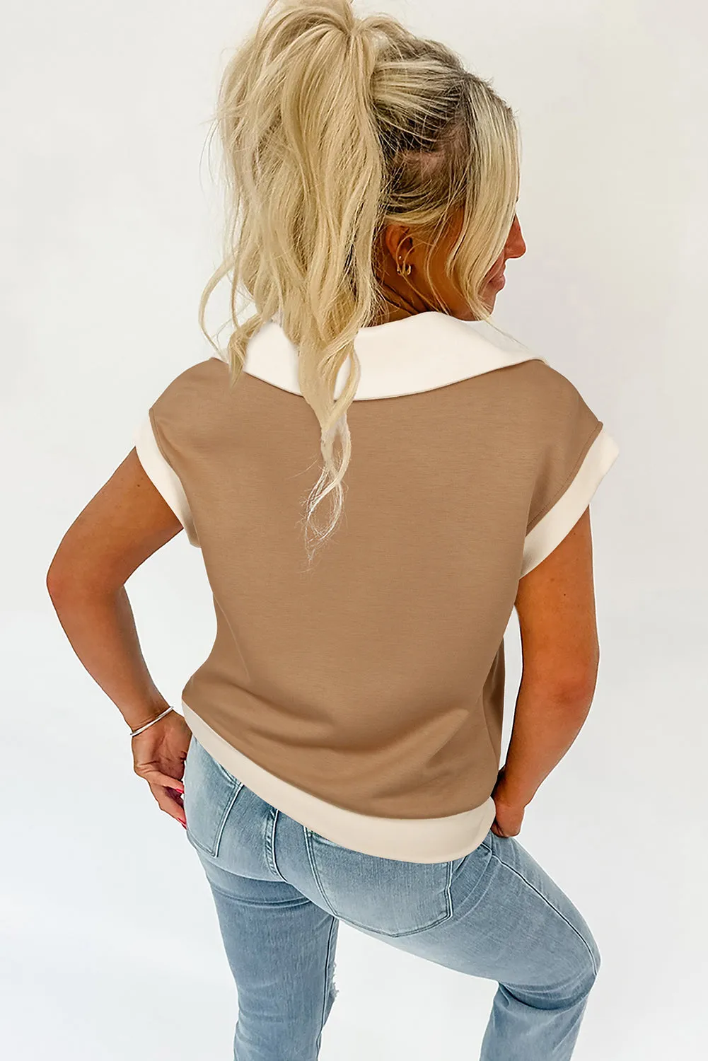 Simply Taupe Half Zipper Collared Colourblock Short Sleeve Top sold by Beagle Boutique product image thumbnail 2
