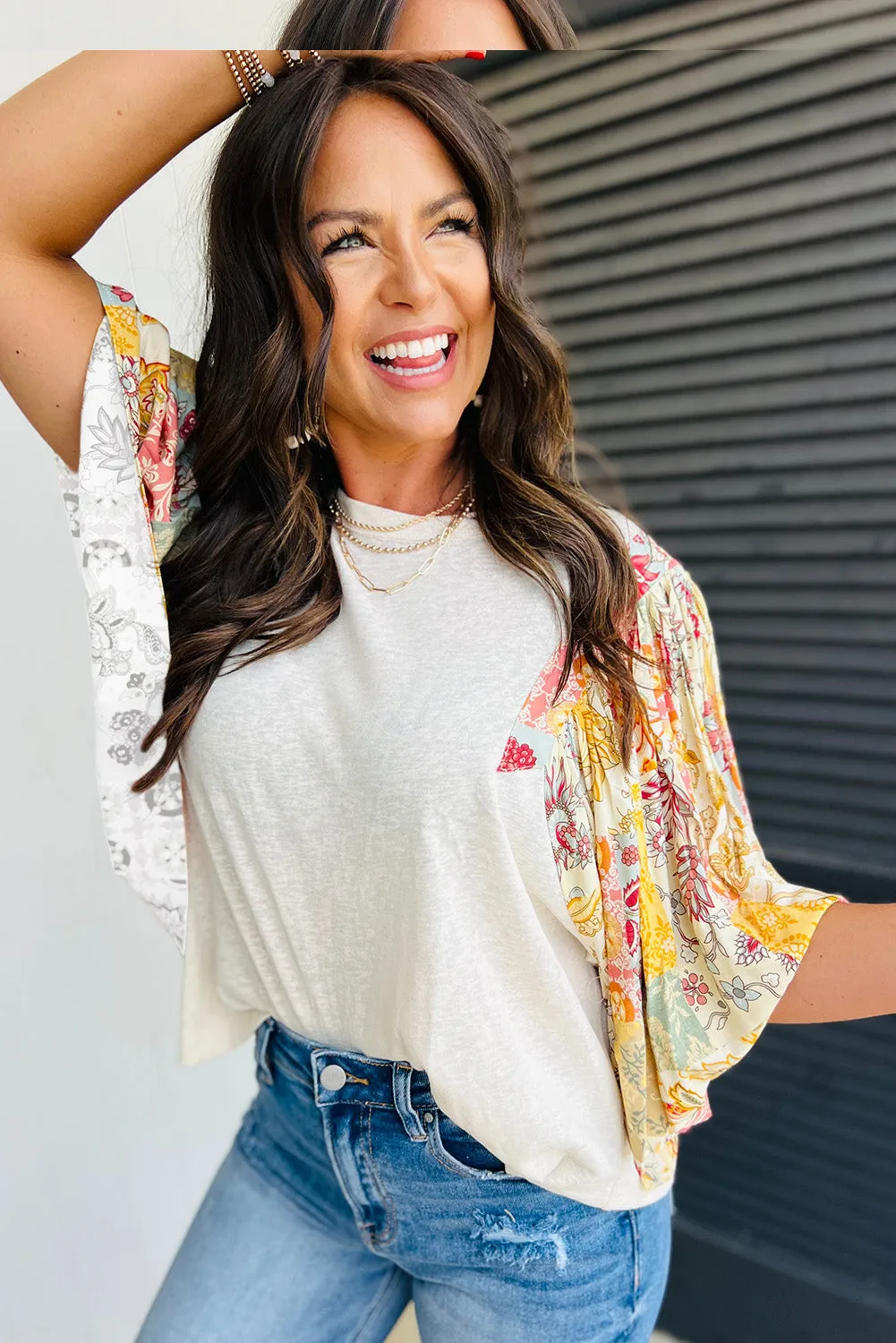 Beige Floral Patchwork Half Batwing Sleeve Blouse sold by Beagle Boutique product image thumbnail 2