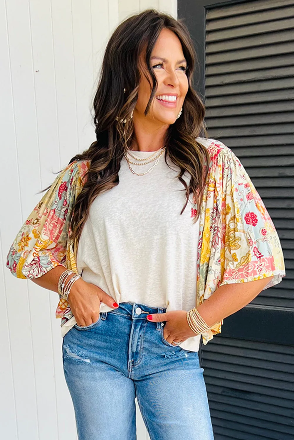 Beige Floral Patchwork Half Batwing Sleeve Blouse sold by Beagle Boutique product image thumbnail 3