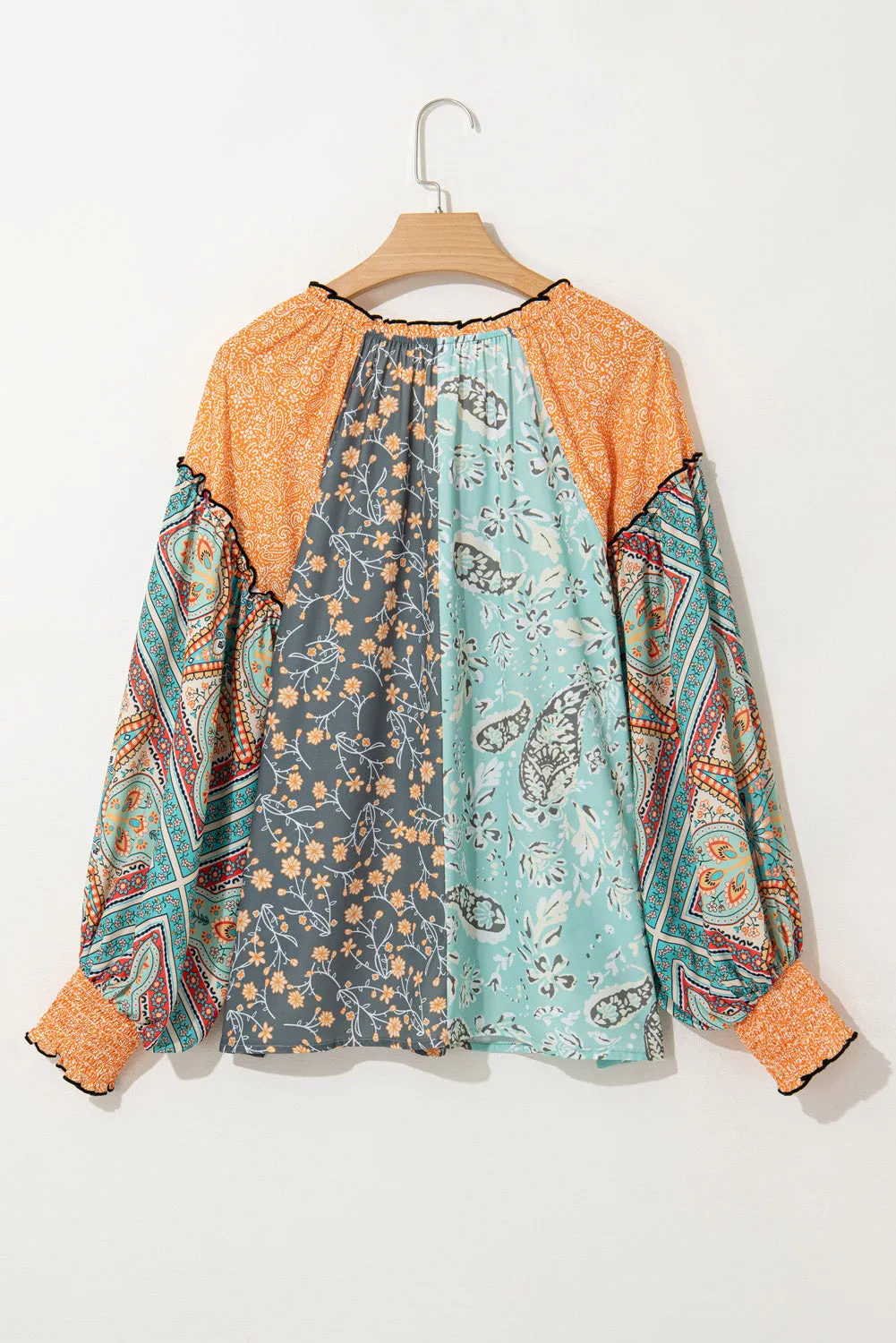 Green Floral Patchwork Lantern Sleeve Buttoned V Neck Plus Size Blouse sold by Beagle Boutique product image thumbnail 2