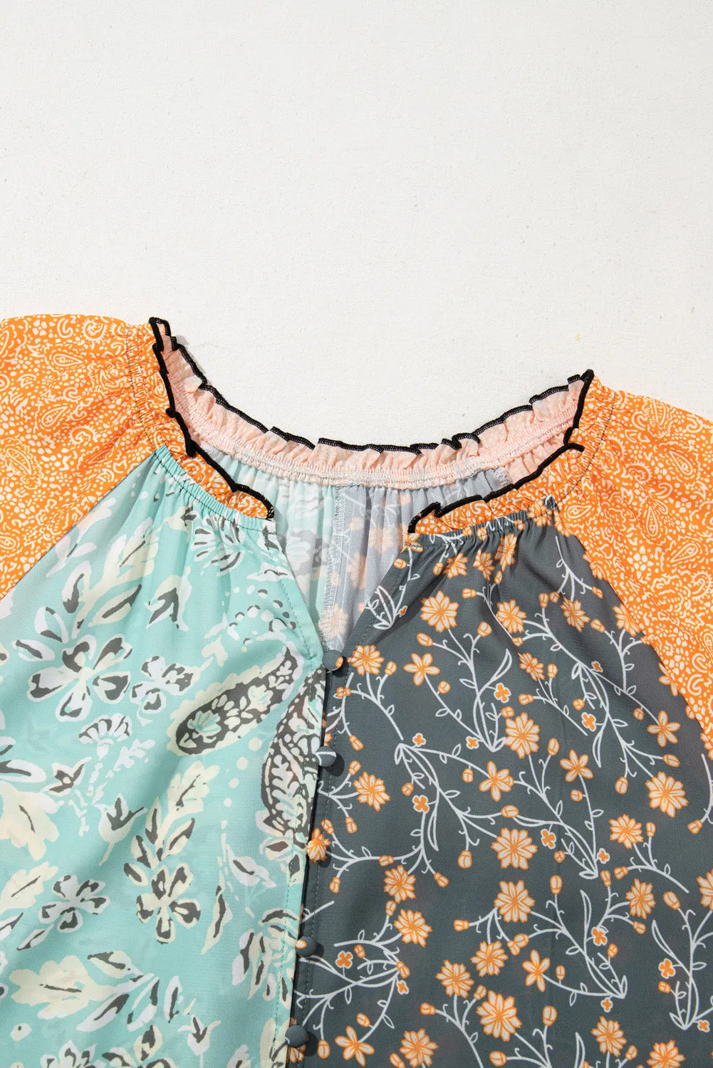 Green Floral Patchwork Lantern Sleeve Buttoned V Neck Plus Size Blouse sold by Beagle Boutique product image thumbnail 4