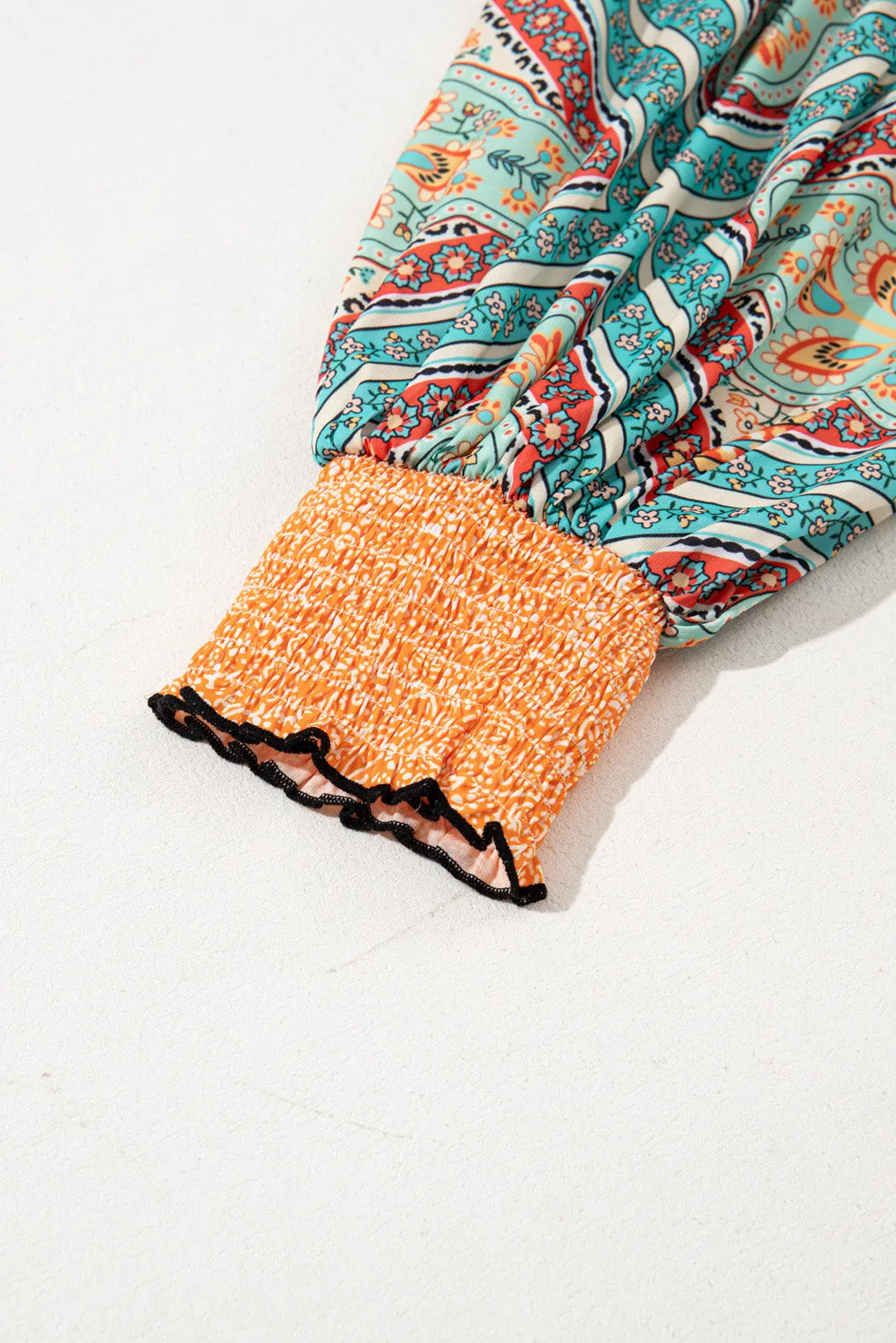 Green Floral Patchwork Lantern Sleeve Buttoned V Neck Plus Size Blouse sold by Beagle Boutique product image thumbnail 5