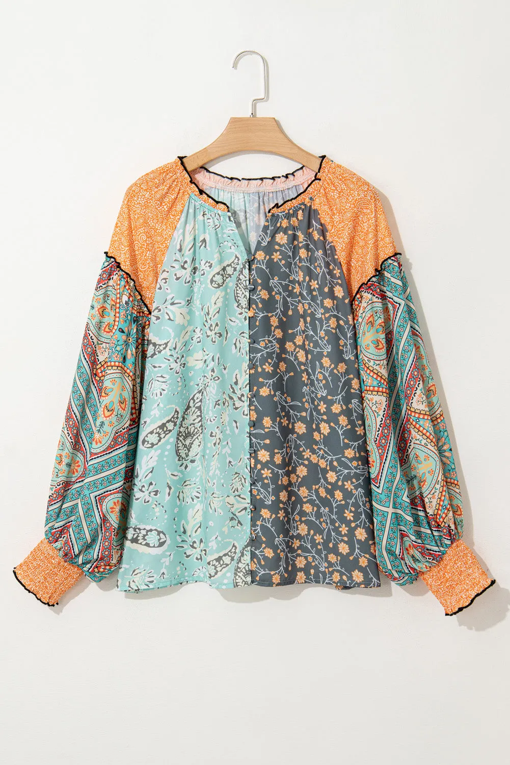 Green Floral Patchwork Lantern Sleeve Buttoned V Neck Plus Size Blouse sold by Beagle Boutique