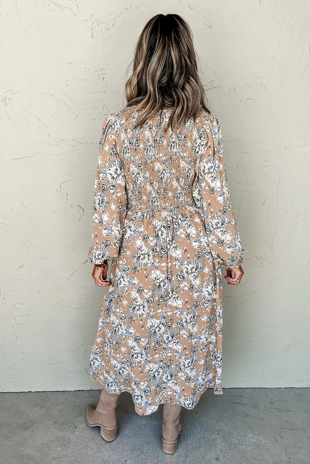 Khaki Maple Grove Floral Smocked Puff Sleeve Long Dress sold by Beagle Boutique product image thumbnail 2