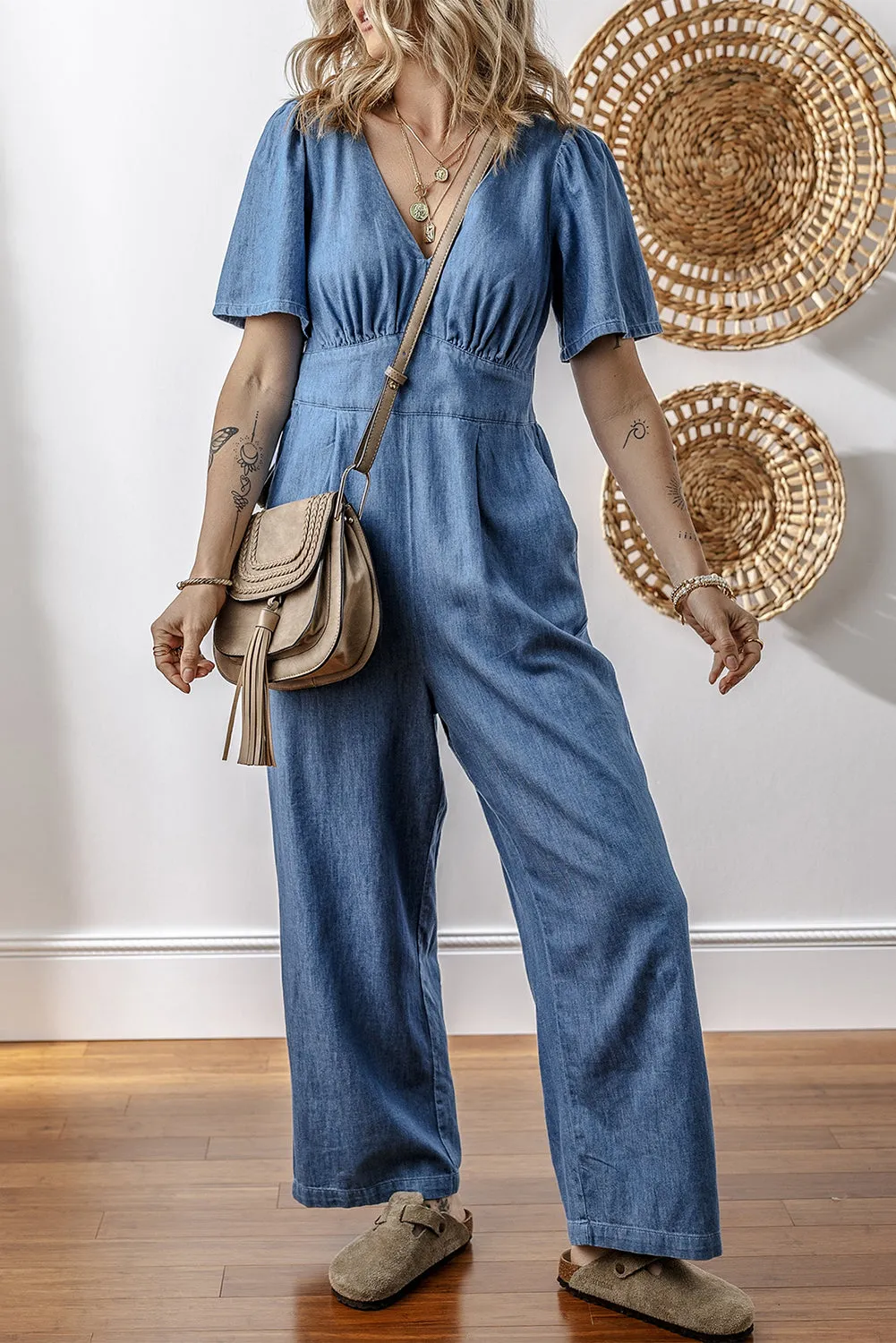 Ashleigh Blue V Neck Short Sleeve Smocked Back Denim Loose Jumpsuit sold by Beagle Boutique product image thumbnail 3