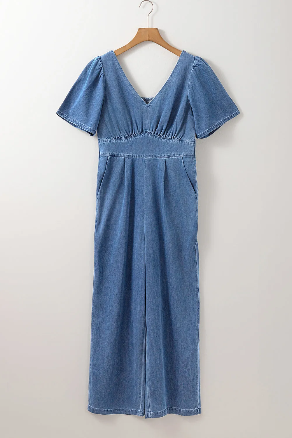 Ashleigh Blue V Neck Short Sleeve Smocked Back Denim Loose Jumpsuit sold by Beagle Boutique product image thumbnail 5