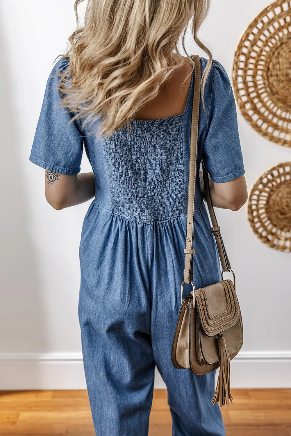 Ashleigh Blue V Neck Short Sleeve Smocked Back Denim Loose Jumpsuit sold by Beagle Boutique product image thumbnail 2