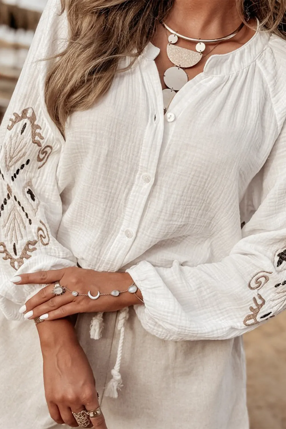 White Embroidered Textured Buttoned Crew Neck Shirt sold by Beagle Boutique product image thumbnail 5