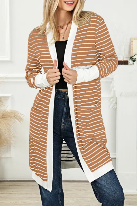 Striped Side Pockets Open Front Cardigan made by Beagle Boutique
