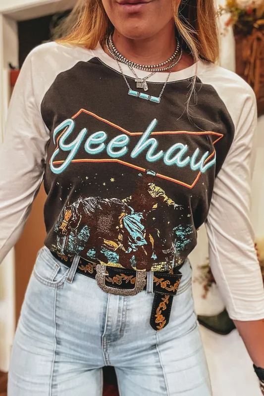 Brown Western Yeehaw Graphic Vintage Raglan Long Sleeve Top sold by Beagle Boutique