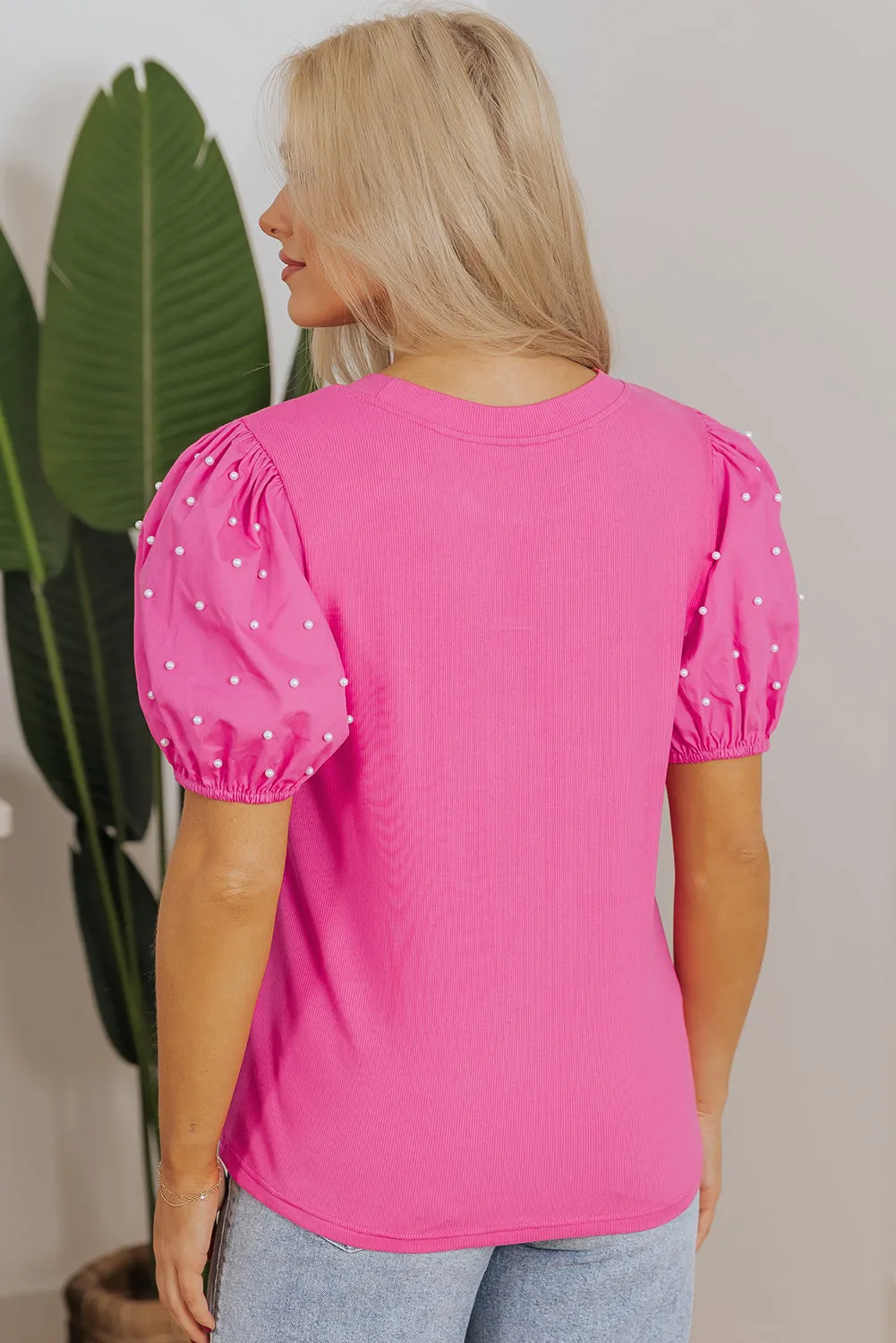 Bright Pink Ribbed Pearl Beaded Puff Sleeve Top sold by Beagle Boutique product image thumbnail 5