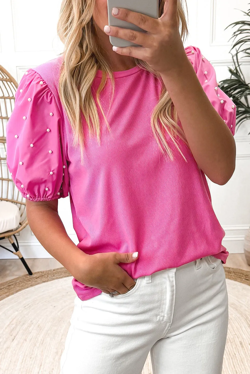 Bright Pink Ribbed Pearl Beaded Puff Sleeve Top sold by Beagle Boutique