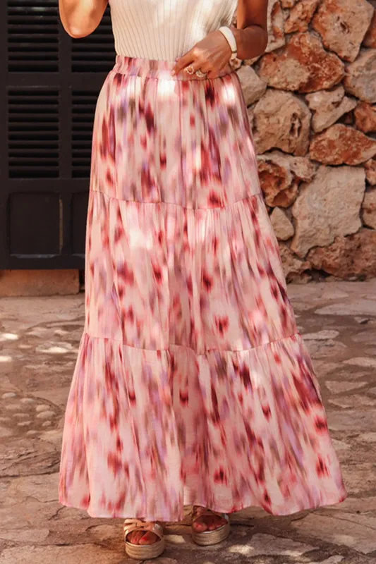Pink Abstract Watercolor Tie Dye Tiered Maxi Skirt sold by Beagle Boutique