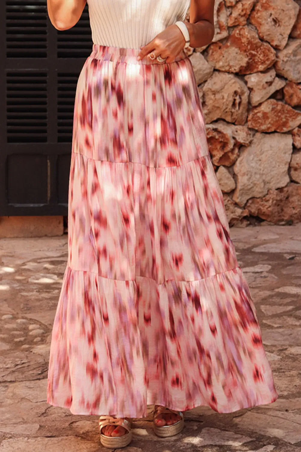 Pink Abstract Watercolor Tie Dye Tiered Maxi Skirt sold by Beagle Boutique