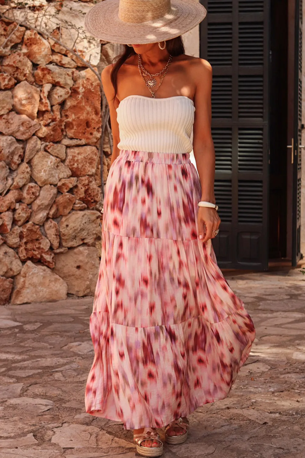 Pink Abstract Watercolor Tie Dye Tiered Maxi Skirt sold by Beagle Boutique product image thumbnail 3