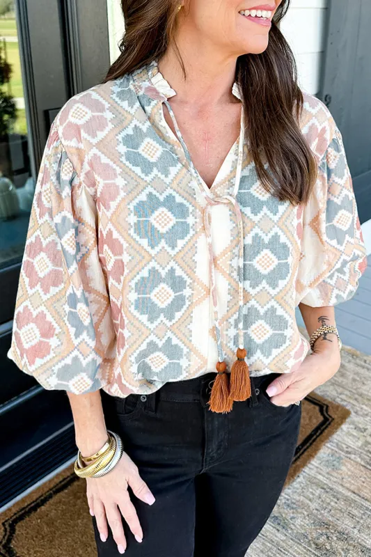 Khaki Geometric Print Tassel Tie Split Neck Balloon Sleeve Blouse sold by Beagle Boutique