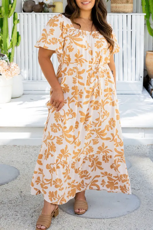 Apricot Floral Print Puff Short Sleeve Resort Plus Size Maxi Dress sold by Beagle Boutique