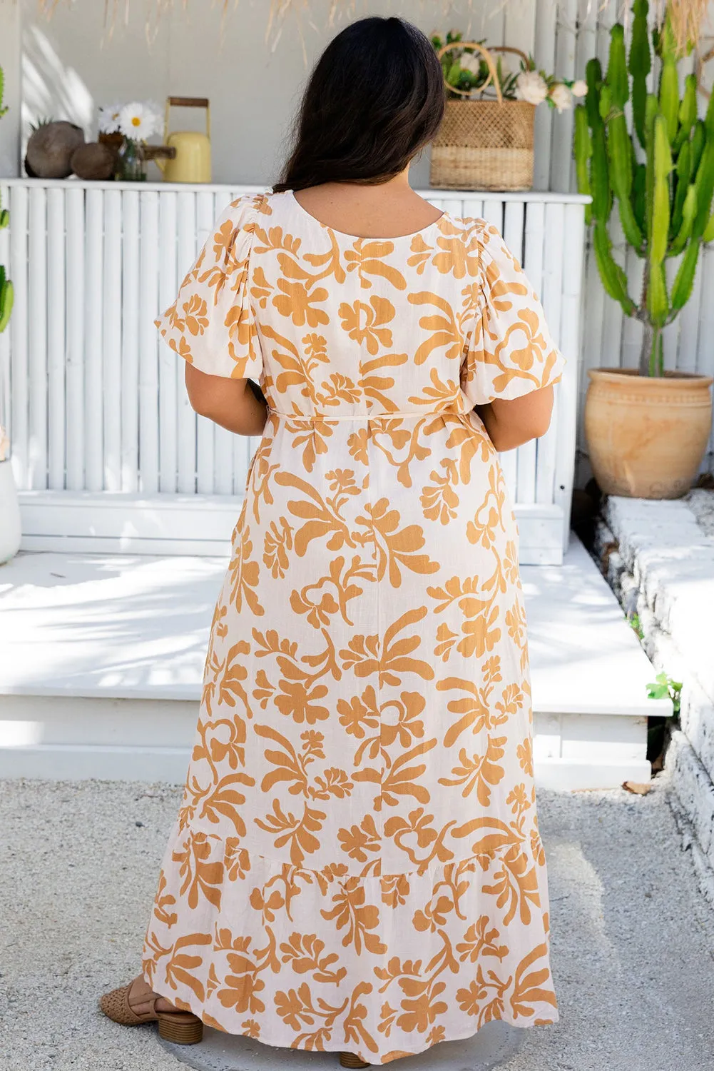 Apricot Floral Print Puff Short Sleeve Resort Plus Size Maxi Dress sold by Beagle Boutique product image thumbnail 2