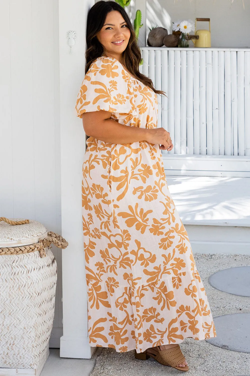 Apricot Floral Print Puff Short Sleeve Resort Plus Size Maxi Dress sold by Beagle Boutique product image thumbnail 3