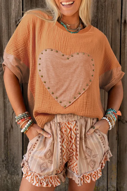 Desert Gold Stud Heart Patch Textured Front Dolman Top sold by Beagle Boutique