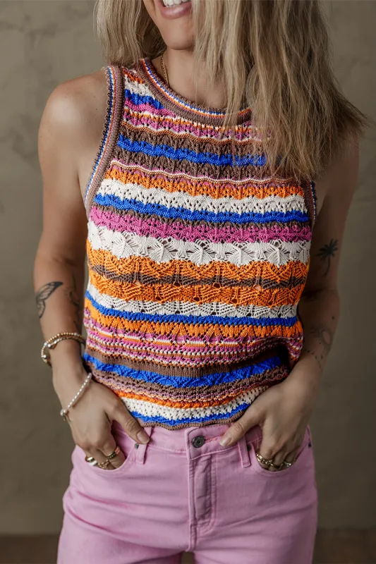 Dark Blue Striped Textured Knit Crew Neck Sweater Vest sold by Beagle Boutique