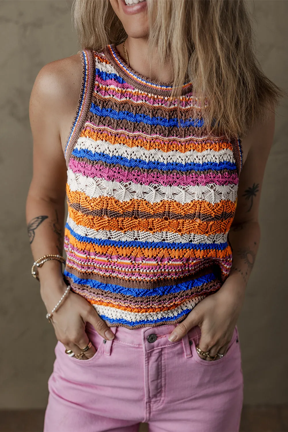 Dark Blue Striped Textured Knit Crew Neck Sweater Vest sold by Beagle Boutique