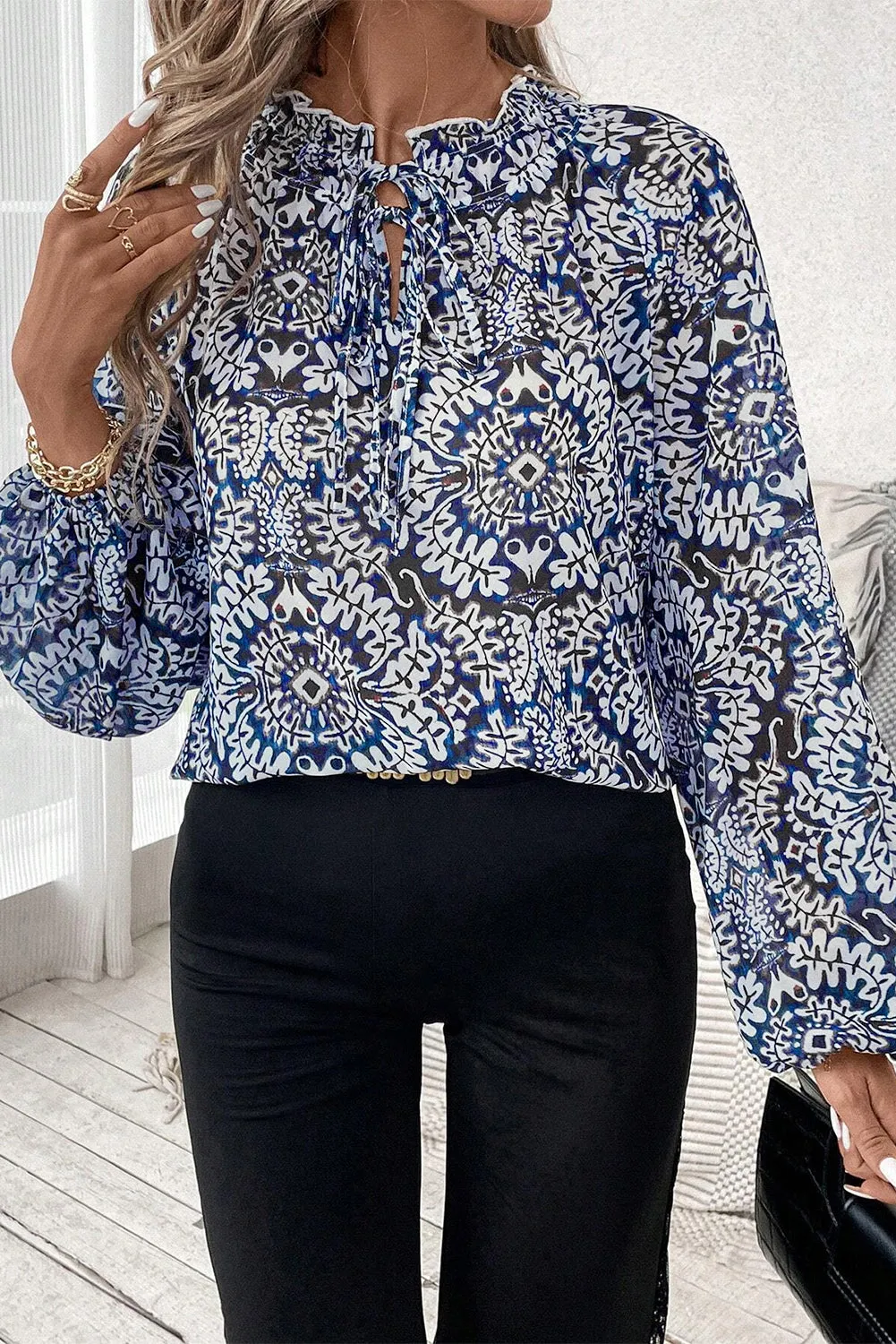 Blue Tribal Print Lace-up Frilled Neck Puff Sleeve Blouse sold by Beagle Boutique product image thumbnail 3