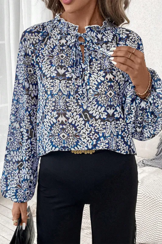 Blue Tribal Print Lace-up Frilled Neck Puff Sleeve Blouse sold by Beagle Boutique