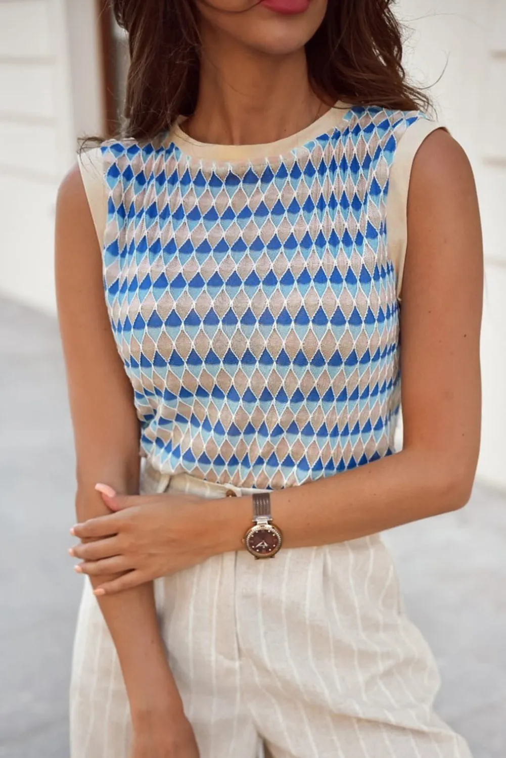 Sky Blue Stripe Geometric Print Round Neck Slim Fit Sweater Vest sold by Beagle Boutique product image thumbnail 3