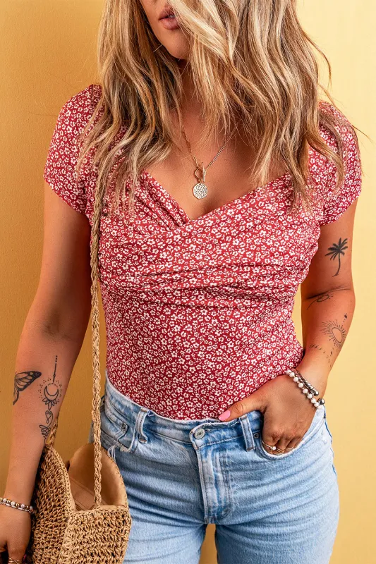 Red Wrapped V Neck Short Sleeve Floral Bodysuit sold by Beagle Boutique