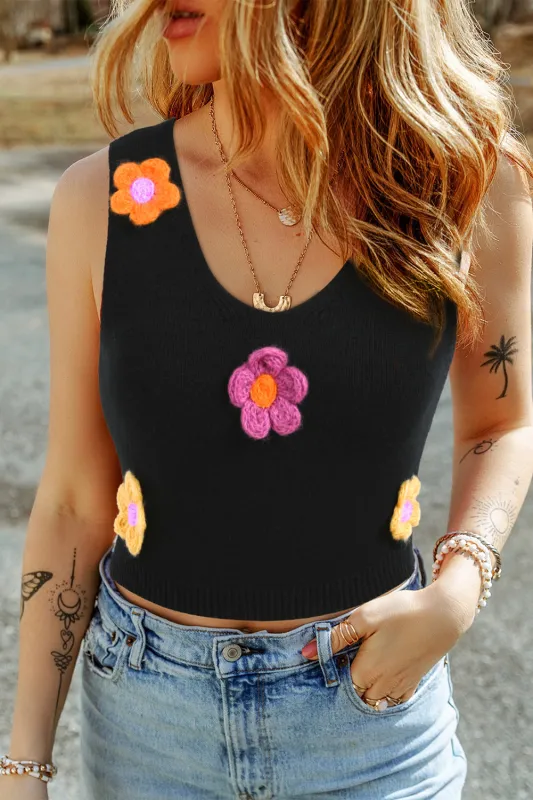 Black 3D Flower Decor Cropped Sweater Tank sold by Beagle Boutique
