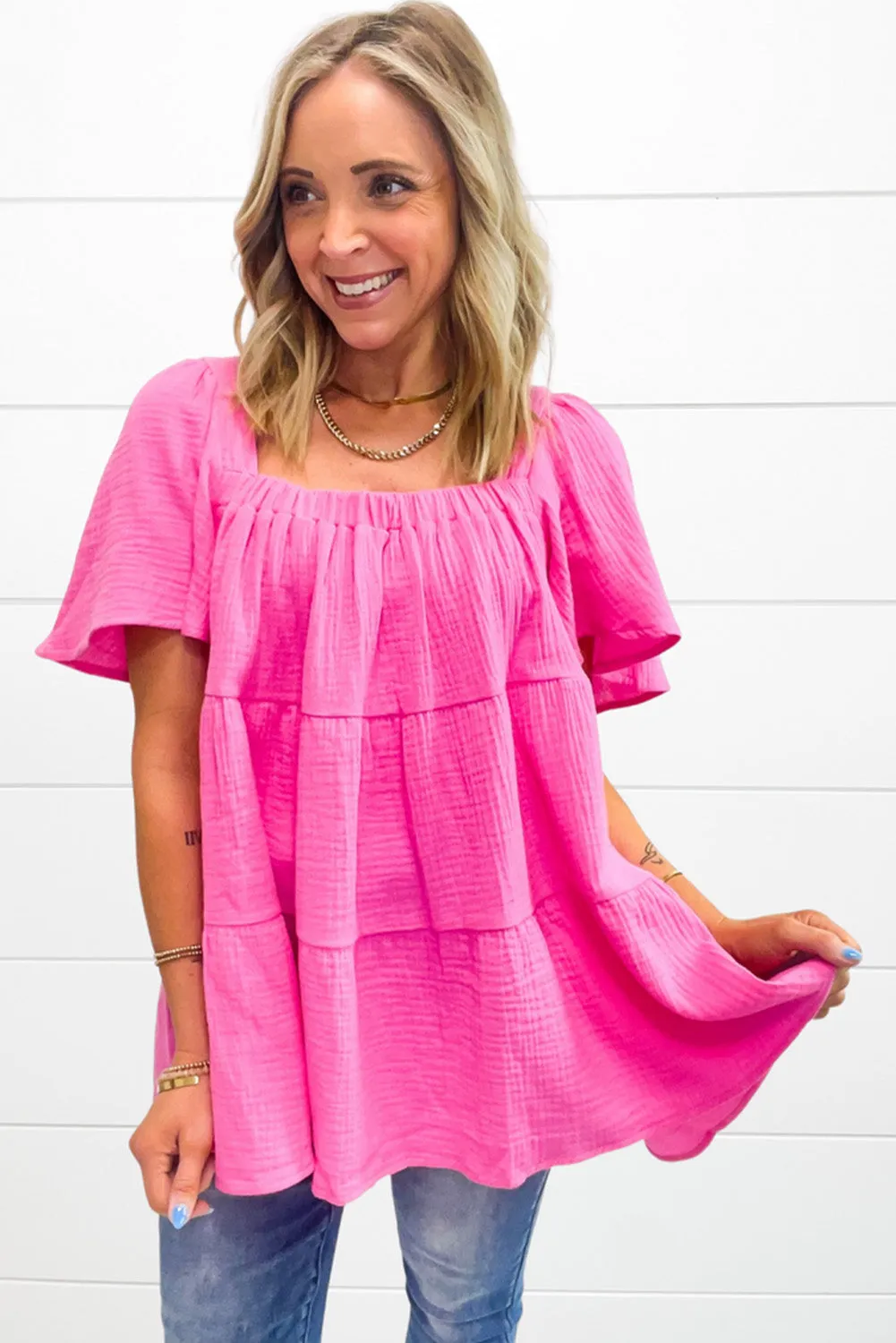 Bright Pink Textured Square Neck Flutter Sleeve Tiered Flowy Blouse sold by Beagle Boutique product image thumbnail 3