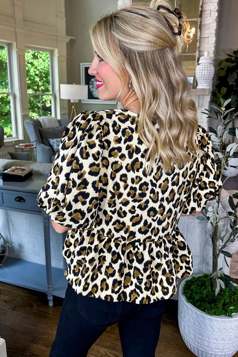 Beige Leopard Bubble Sleeve Bow Tie Front Peplum Blouse sold by Beagle Boutique product image thumbnail 2