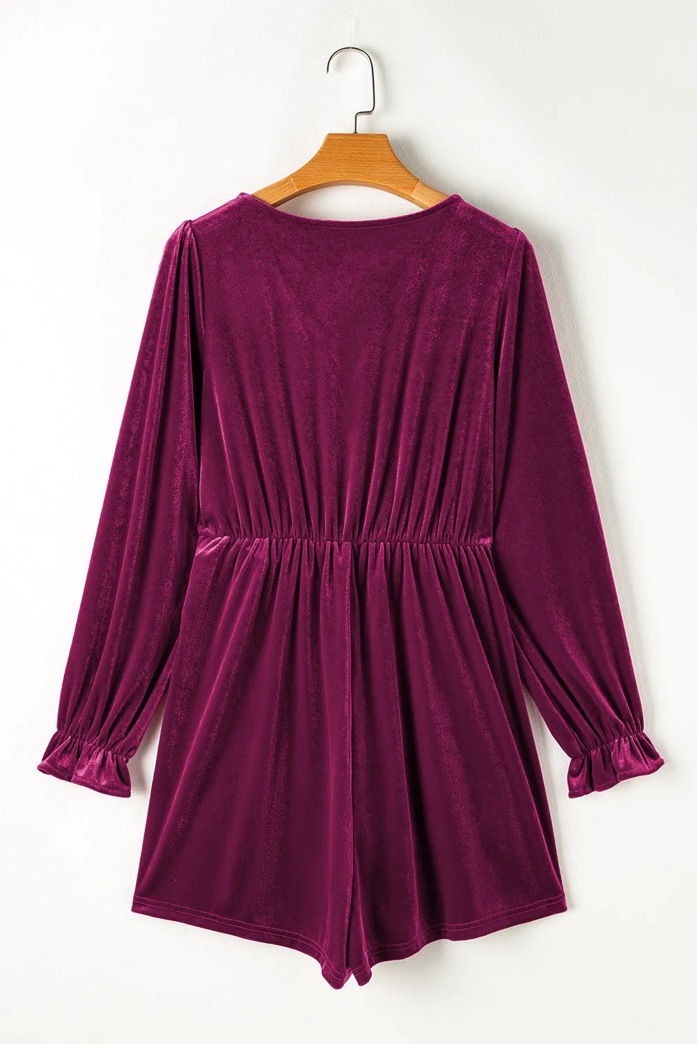 Red Dahlia Velvet Surplice Neck Ruffled Sleeve High Waist Romper sold by Beagle Boutique product image thumbnail 5