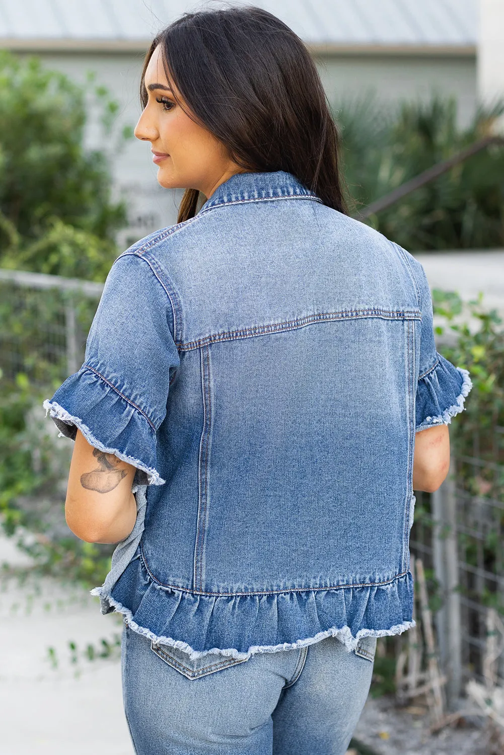 Peacock Blue Raw Edge Ruffled Short Sleeve Denim Jacket sold by Beagle Boutique product image thumbnail 2