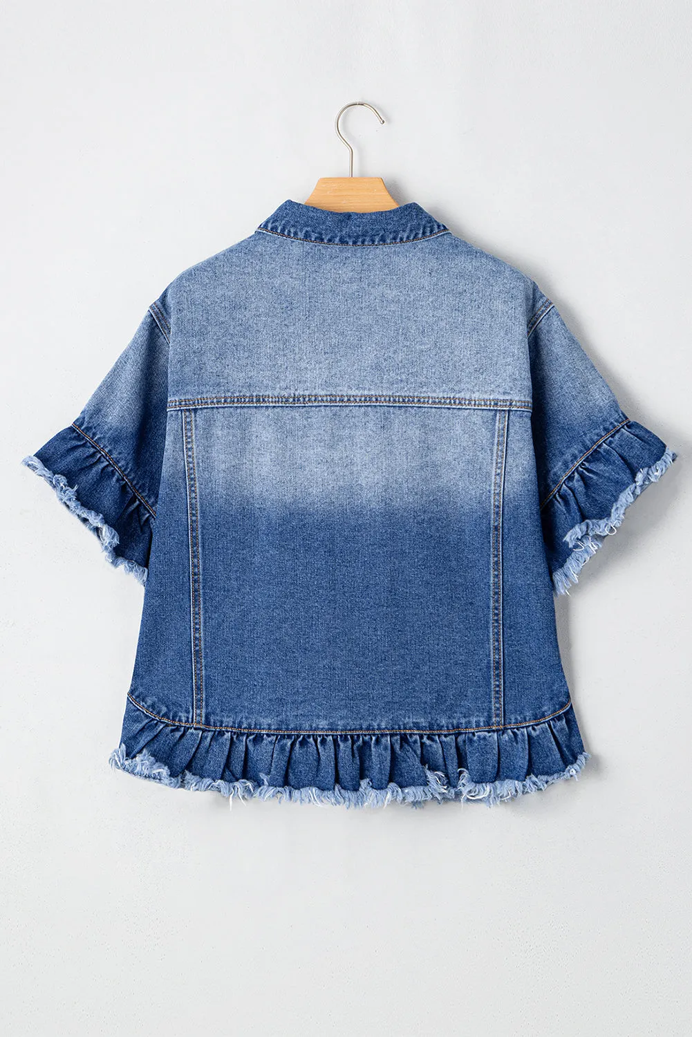 Peacock Blue Raw Edge Ruffled Short Sleeve Denim Jacket sold by Beagle Boutique product image thumbnail 5