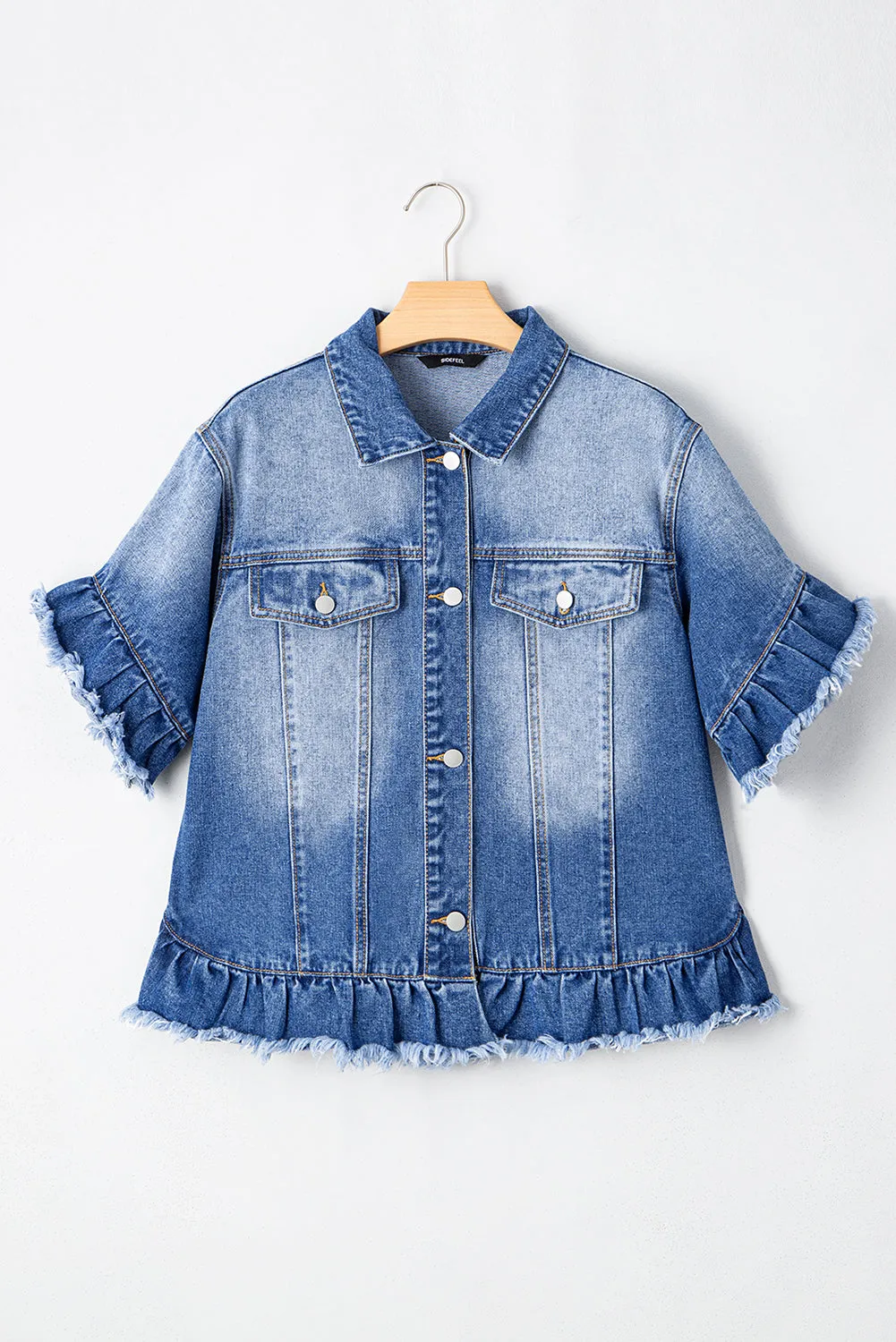 Peacock Blue Raw Edge Ruffled Short Sleeve Denim Jacket sold by Beagle Boutique product image thumbnail 4