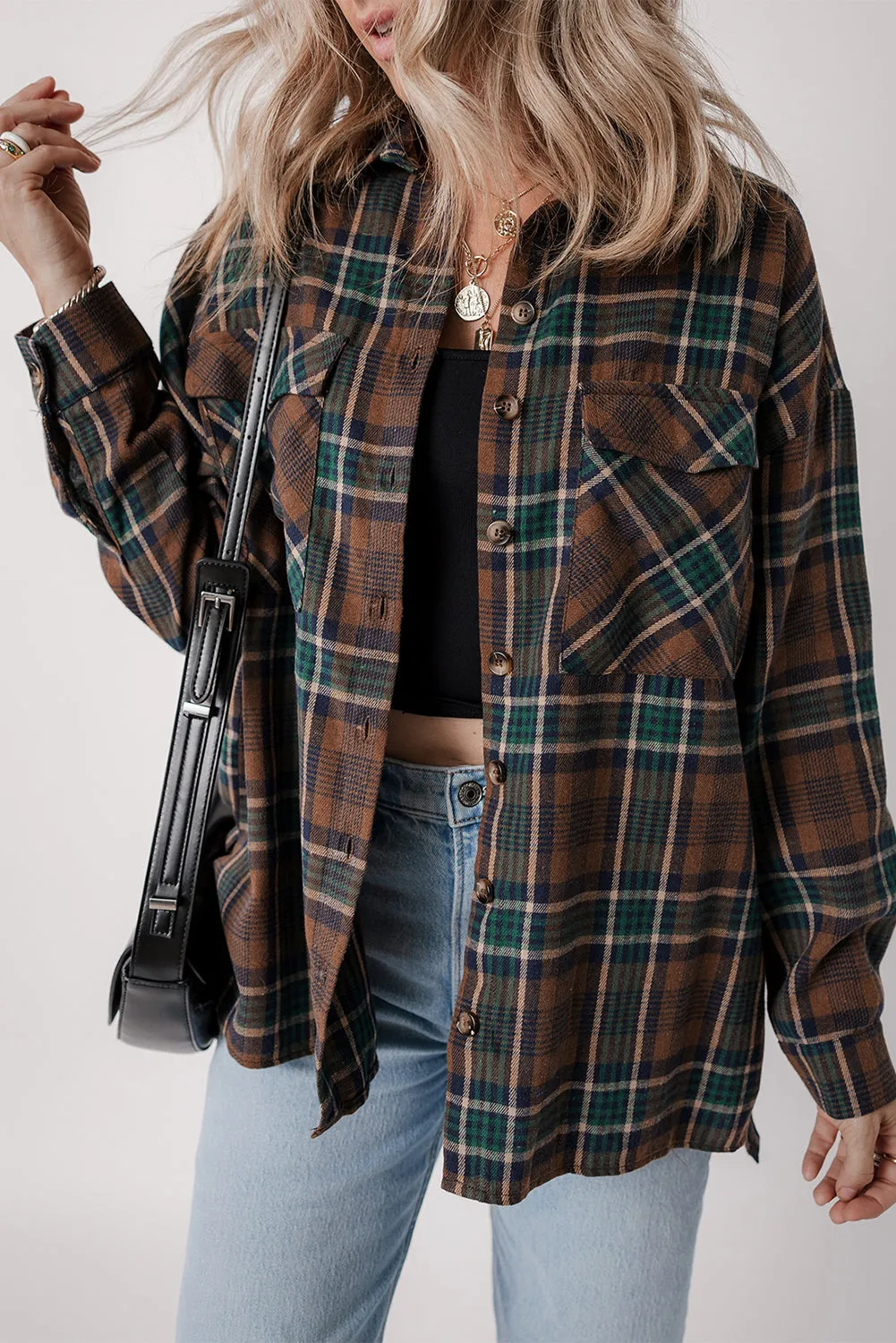 Brown Plaid Print Chest Pockets Buttoned Shirt Jacket sold by Beagle Boutique product image thumbnail 3