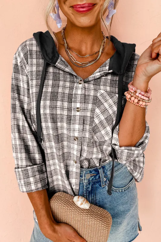 Black Checkered Print Loose Fit Buttoned Hooded Shacket sold by Beagle Boutique