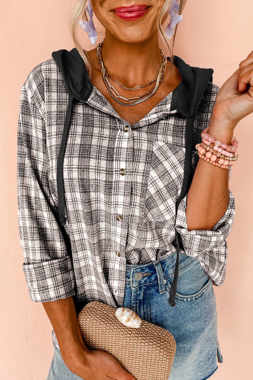 Checkered Print Loose Fit Buttoned Hoodie Shacket sold by Beagle Boutique