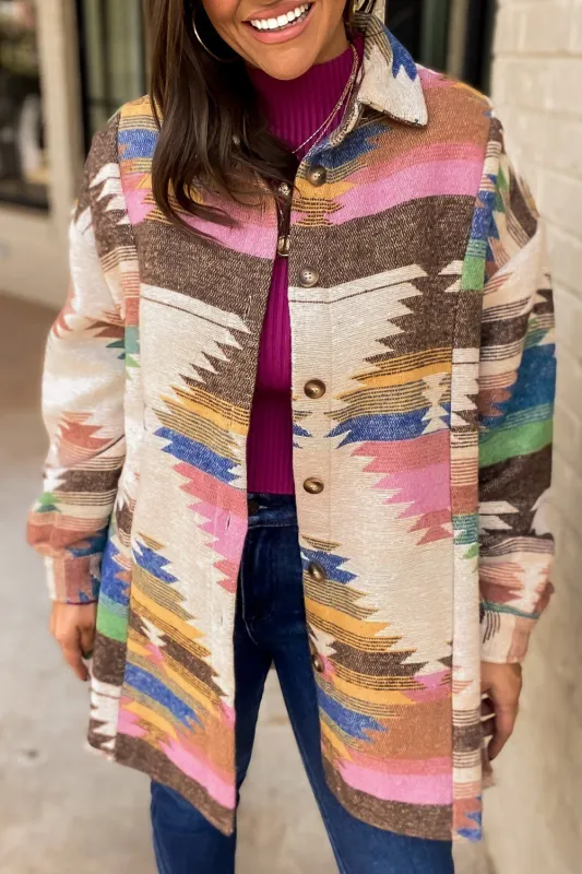 White Aztec Print Button Up Shacket sold by Beagle Boutique
