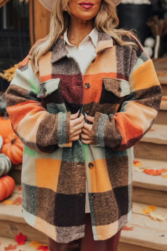 Orange Plaid Print Flap Pocket Long Jacket sold by Beagle Boutique
